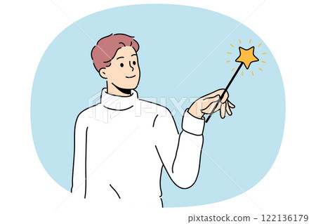 Man wizard uses fairy magic wand and casts enchanting spell during witchcraft or magic trick Man wizard uses fairy magic wand and casts enchanting spell during witchcraft or magic trick 122136179
