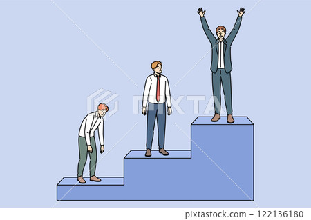Business man who wins professional competition raises hands up while standing at top career ladder Business man who wins professional competition raises hands up while standing at top career ladder 122136180