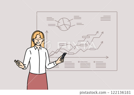 Lecture by business speaker talking about successes marketing company, standing near growing charts 122136181