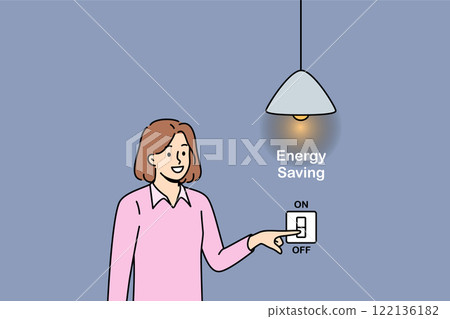 Woman is engaged in energy saving and turns off lights in apartment to minimize damage to nature 122136182