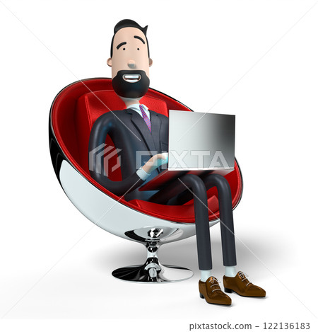 Handsome cartoon businessman working on a laptop - 3D illustration 122136183