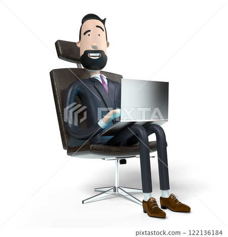Handsome cartoon businessman sitting in office chair and working on a laptop - 3D illustration 122136184