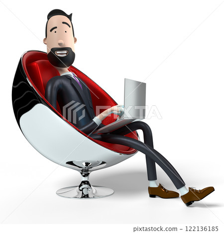Handsome cartoon businessman working on a laptop - 3D illustration 122136185