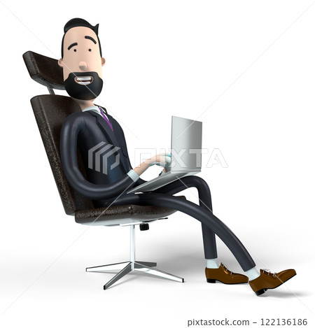 Handsome cartoon businessman sitting in office chair and working on a laptop - 3D illustration 122136186