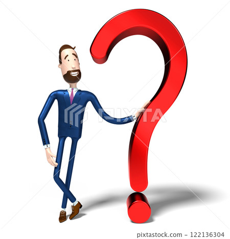 Handsome cartoon businessman and question mark sign - 3D illustration Handsome cartoon businessman and question mark sign - 3D illustration 122136304
