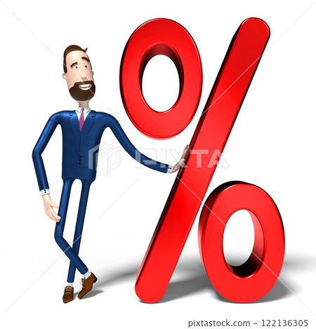 Handsome cartoon businessman and percent sign - 3D illustration Handsome cartoon businessman and percent sign - 3D illustration 122136305