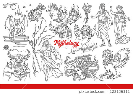 Ancient mythology about characters from ancient greek legends with magical skills. Hand drawn. 122136311