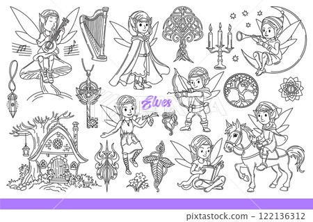 Elves with wings on backs and pointed ears from ancient legends or myths. Hand drawn. Elves with wings on backs and pointed ears from ancient legends or myths. Hand drawn. 122136312