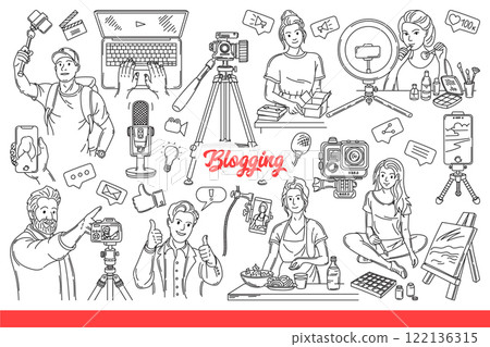 Blogging hobbies for men and women talking about traveling or cooking and business. Hand drawn. Blogging hobbies for men and women talking about traveling or cooking and business. Hand drawn. 122136315