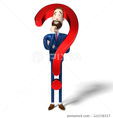 Handsome cartoon businessman and question mark sign - 3D illustration Handsome cartoon businessman and question mark sign - 3D illustration 122136317