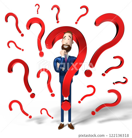 Handsome cartoon businessman and question mark signs - 3D illustration Handsome cartoon businessman and question mark signs - 3D illustration 122136318