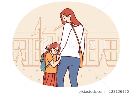 Caring mom accompanies daughter in elementary school, supporting or motivating girl Caring mom accompanies daughter in elementary school, supporting or motivating girl 122136330