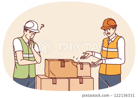 Warehouse workers near cardboard boxes damaged in transit due to improper transportation 122136331