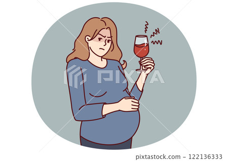 Pregnant woman with glass of wine drinks alcohol unknowingly causing harm to unborn child 122136333