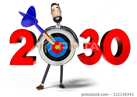 Hipster cartoon businessman holding dartboard - 2030 concept - 3D illustration 122136341