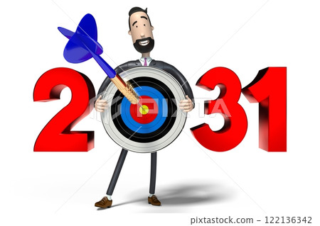 Hipster cartoon businessman holding dartboard - 2031 concept - 3D illustration Hipster cartoon businessman holding dartboard - 2031 concept - 3D illustration 122136342
