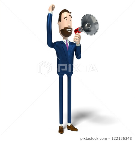 Hipster cartoon character businessman holds a megaphone - 3D illustration Hipster cartoon character businessman holds a megaphone - 3D illustration 122136348