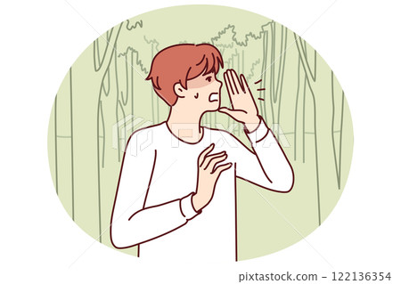 Man lost in forest screams trying to call for help and find way home among densely growing trees Man lost in forest screams trying to call for help and find way home among densely growing trees 122136354
