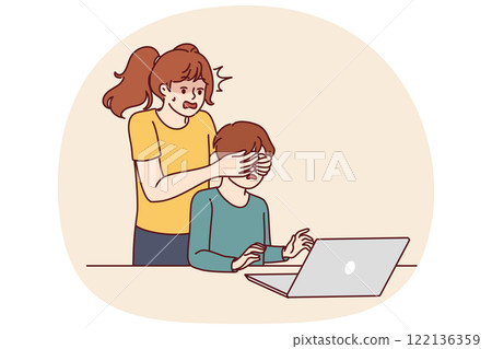 Teenage girl defends little brother who uses laptop and visits adult websites in internet Teenage girl defends little brother who uses laptop and visits adult websites in internet 122136359