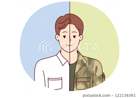 Man in military and office clothes symbolizes dismissal from army and beginning of civilian career. 122136361