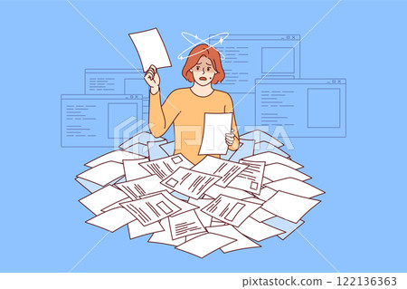 Paperwork and bureaucracy make woman recruiter dizzy as she looks through mountain of paper resumes 122136363