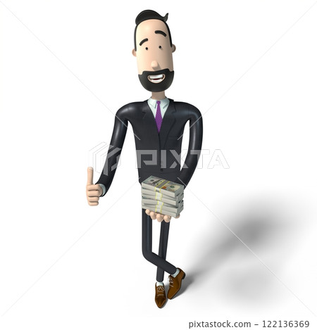 Handsome cartoon businessman holding 100 dollar bills - 3D illustration Handsome cartoon businessman holding 100 dollar bills - 3D illustration 122136369