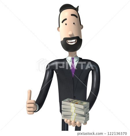 Handsome cartoon businessman holding 100 dollar bills - 3D illustration Handsome cartoon businessman holding 100 dollar bills - 3D illustration 122136370