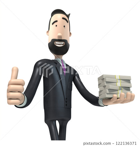 Handsome cartoon businessman holding 100 dollar bills - 3D illustration Handsome cartoon businessman holding 100 dollar bills - 3D illustration 122136371