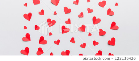 Valentine day background with red hearts, top view with copy space Valentine day background with red hearts, top view with copy space 122136426