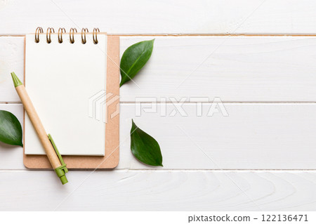 eco-friendly Empty notebook with pen and green leaf on Colored background for note eco-friendly Empty notebook with pen and green leaf on Colored background for note 122136471