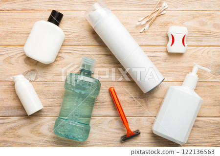 Mockup for bathing products top view flat lay, spa razor, toothpaste, soap, gel and other various accessories. Cosmetics for skin health. Bath Mockup for your logo Mockup for bathing products top view flat lay, spa razor, toothpaste, soap, gel and other various accessories. Cosmetics for skin health. Bath Mockup for your logo 122136563