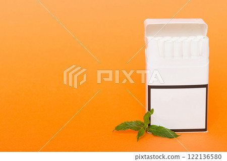 Pack of menthol cigarettes and fresh mint on colored table, Menthol cigarettes top view flat lay Pack of menthol cigarettes and fresh mint on colored table, Menthol cigarettes top view flat lay 122136580