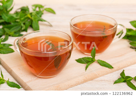 Cup of mint tea on table background. Green tea with fresh mint top view with copy space 122136962