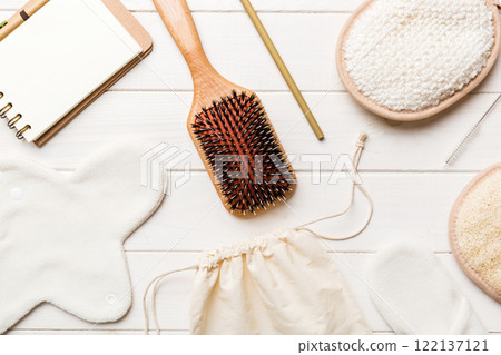 Zero waste concept. Eco-friendly home daily accessories. top view 122137121