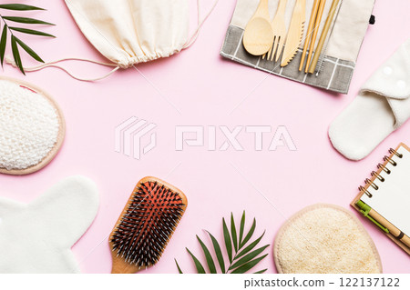 Zero waste concept. Eco-friendly home daily accessories. top view Zero waste concept. Eco-friendly home daily accessories. top view 122137122