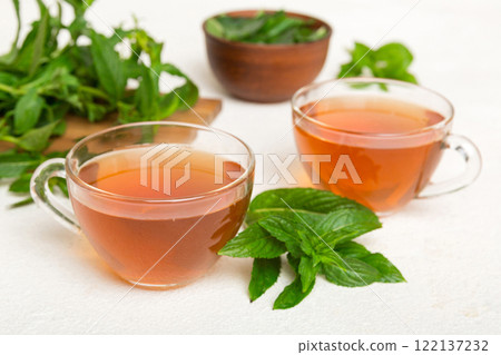Cup of mint tea on table background. Green tea with fresh mint top view with copy space 122137232