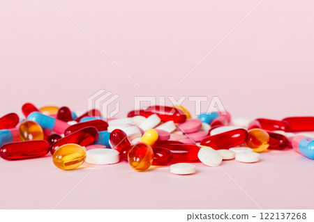 Many different colorful medication and pills perspective view. Set of many pills on colored background 122137268