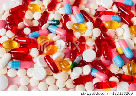 Many different colorful medication and pills perspective view. Set of many pills on colored background 122137269