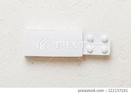 Blank White Product Package Box Mock-up. Open blank medicine drug box with blister top view Blank White Product Package Box Mock-up. Open blank medicine drug box with blister top view 122137281