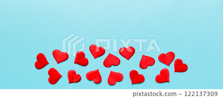 Valentine day background with red hearts, top view with copy space 122137309