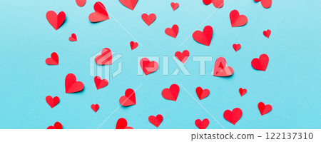 Valentine day background with red hearts, top view with copy space 122137310