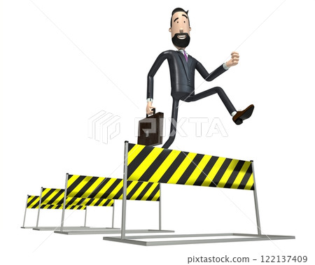 Hipster cartoon character businessman jumps over obstacles - 3D illustration Hipster cartoon character businessman jumps over obstacles - 3D illustration 122137409