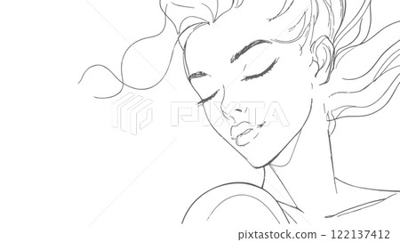 Continuous one single line art girl face concept. Beautiful woman portrait fashion hair hand drawn sketch. Beauty happy smiling young lady side head gray white monochrome vector illustration Continuous one single line art girl face concept. Beautiful woman portrait fashion hair hand drawn sketch. Beauty happy smiling young lady side head gray white monochrome vector illustration 122137412