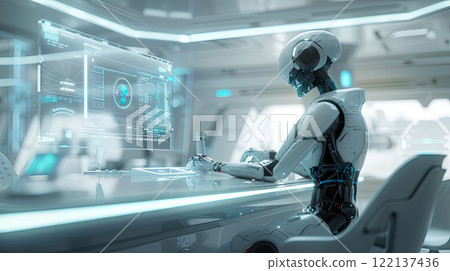 A futuristic humanoid robot working at a modern minimalist office desk, analyzing data on multiple holographic screens A futuristic humanoid robot working at a modern minimalist office desk, analyzing data on multiple holographic screens 122137436