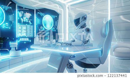 A futuristic humanoid robot working at a modern minimalist office desk, analyzing data on multiple holographic screens 122137441