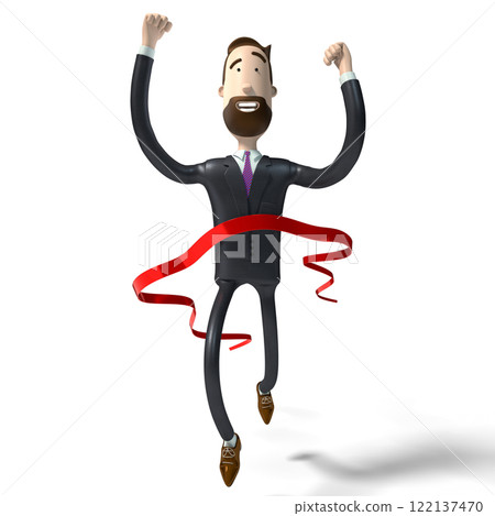Hipster businessman cartoon character at finishing line - winner, success, victory concept - 3D illustration 122137470