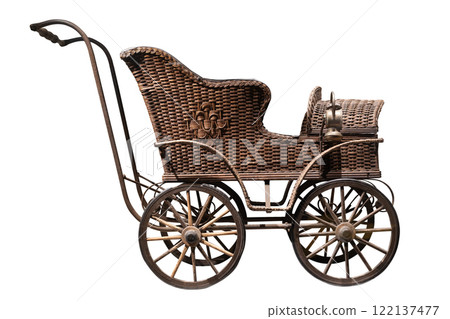 Vintage wicker baby carriage with metal wheels 122137477