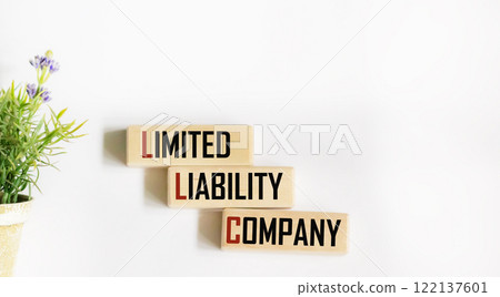 The text of the limited liability company "LLC" on a wooden block on a white background 122137601