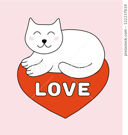 Valentine day Cat on heart. Vector flat illustration. Valentine day Cat on heart. Vector flat illustration. 122137619