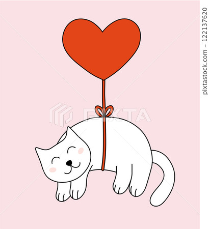Valentine day Cat fly on balloon. Vector flat illustration. 122137620